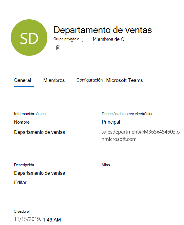 Captura de pantalla de la administración del grupo de Microsoft 365.