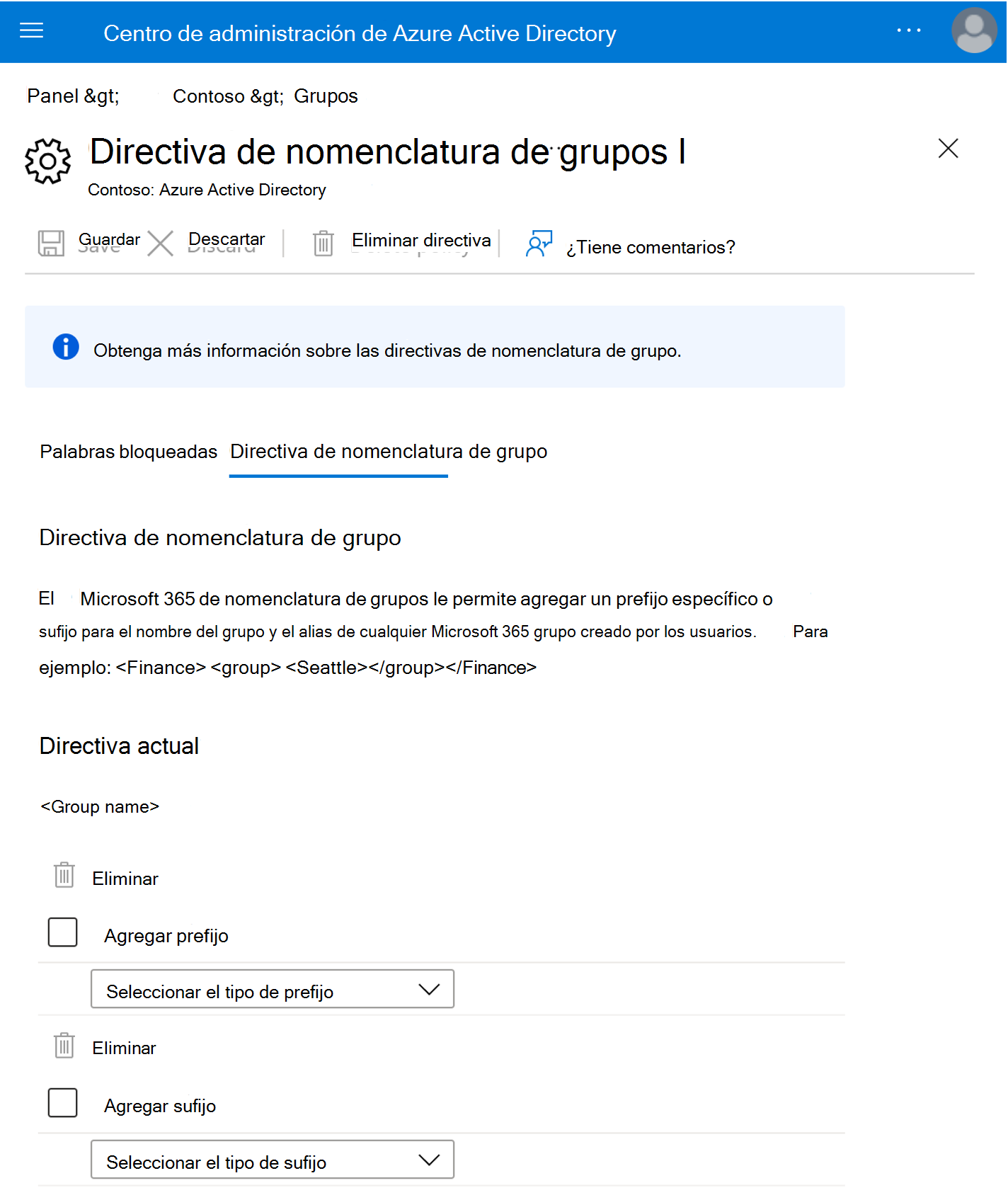 Captura de pantalla de configuración de directiva de nomenclatura.