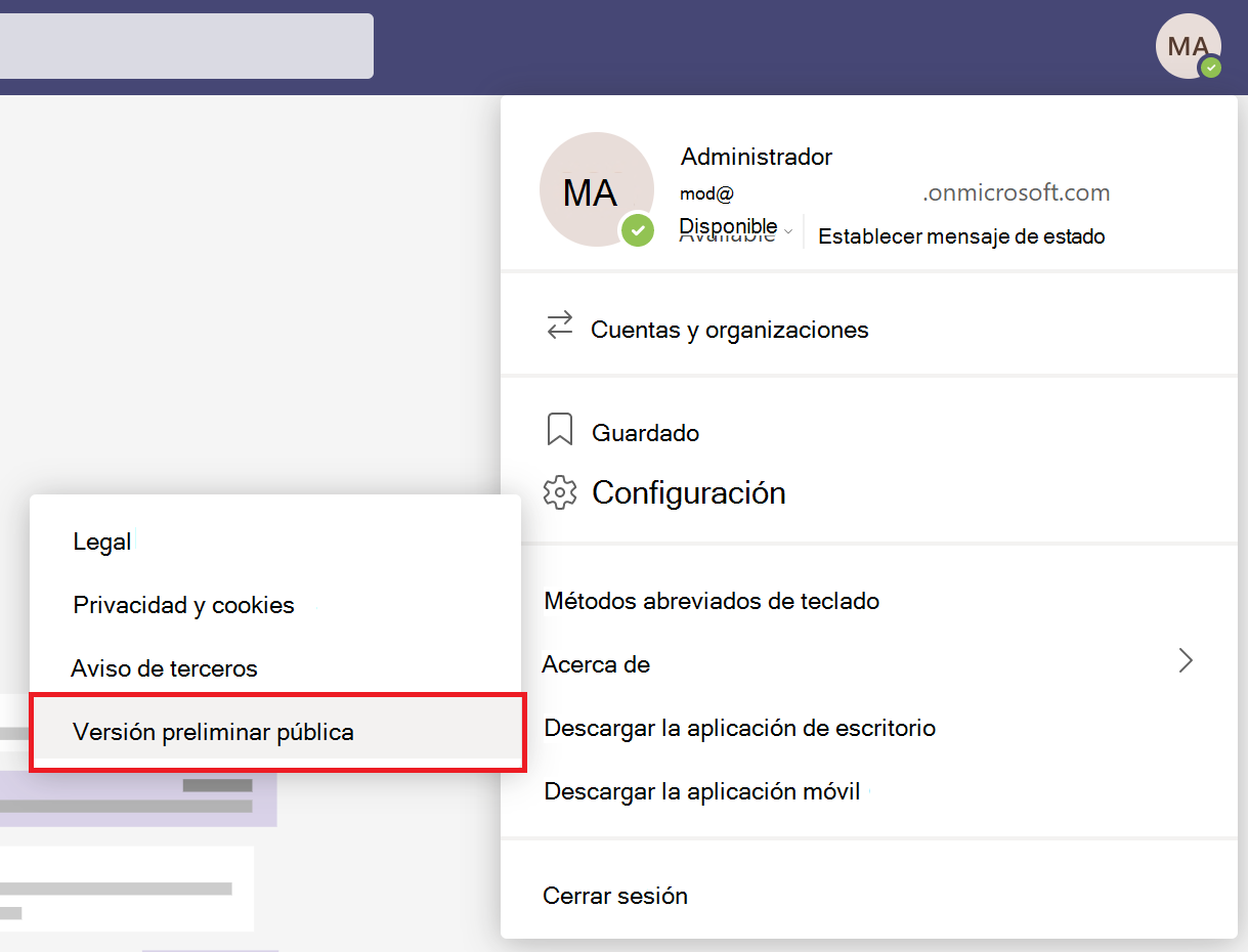 Captura de pantalla de la opción de vista previa pública en el cliente de Teams.
