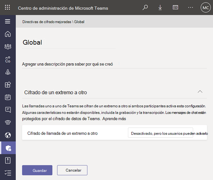 Captura de pantalla de las directivas de cifrado mejoradas en el Centro de administración de Teams.