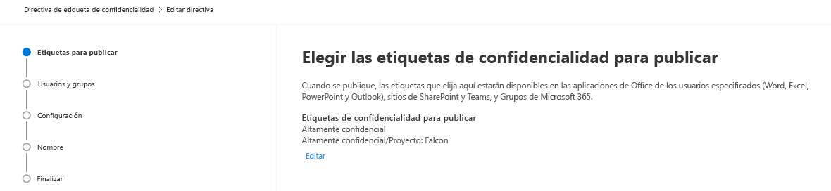Recorte de pantalla de la ventana Elegir etiquetas de confidencialidad para publicar del asistente para directivas.