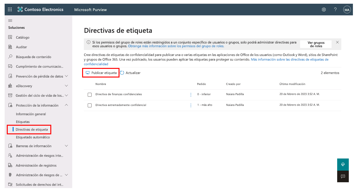 Recorte de pantalla de la pestaña Directivas de etiquetas en la página Protección de información que muestra la opción de publicar etiqueta destacada.
