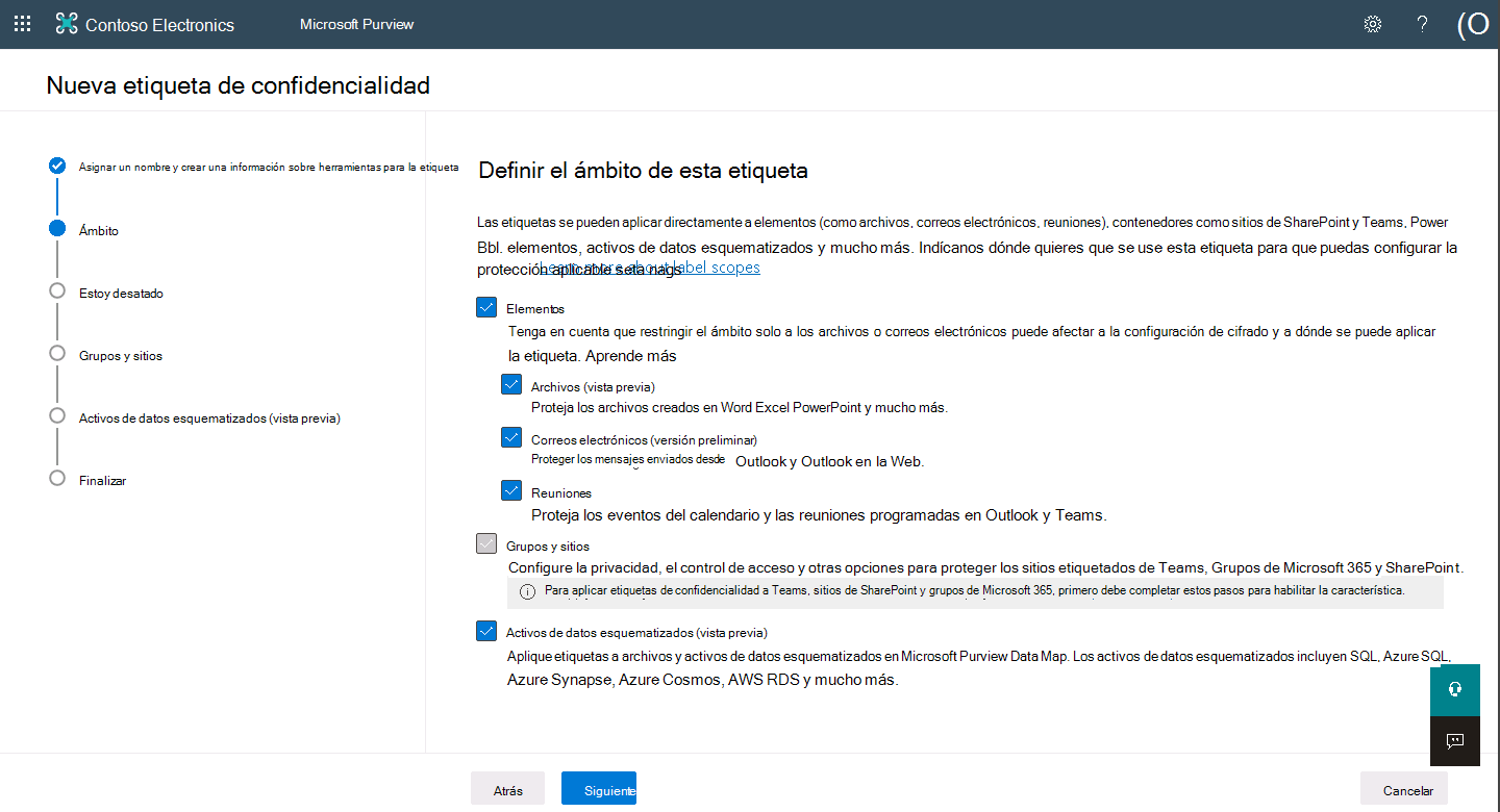 Recorte de pantalla de la página Definir el ámbito de esta etiqueta en el asistente para nueva etiqueta de confidencialidad.