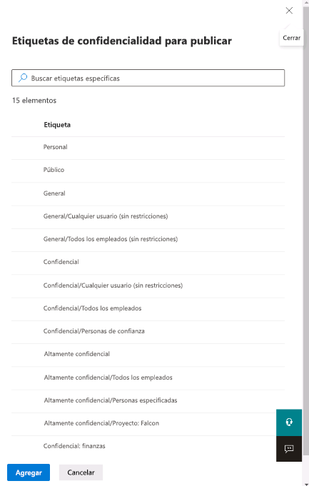 Recorte de pantalla del panel de Etiquetas de confidencialidad para publicar.