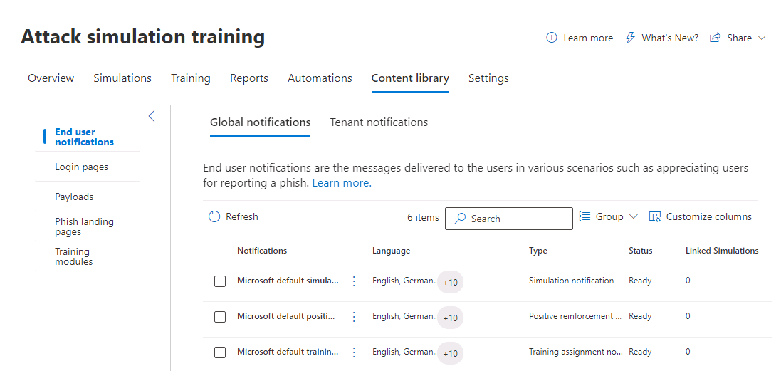 Screenshot of the End-user notifications page for attack simulation training.