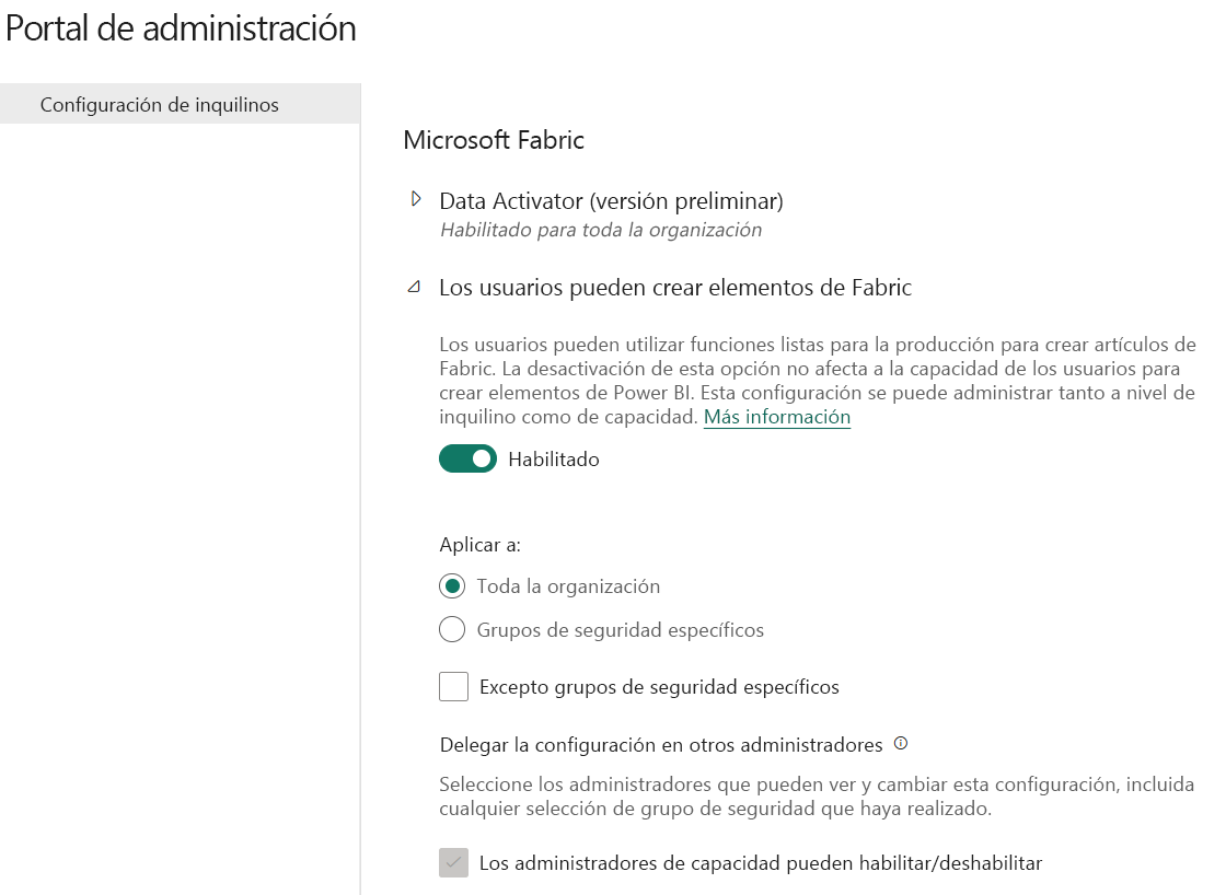 Recorte de pantalla de la configuración para habilitar Fabric en el Portal de administración de Fabric.