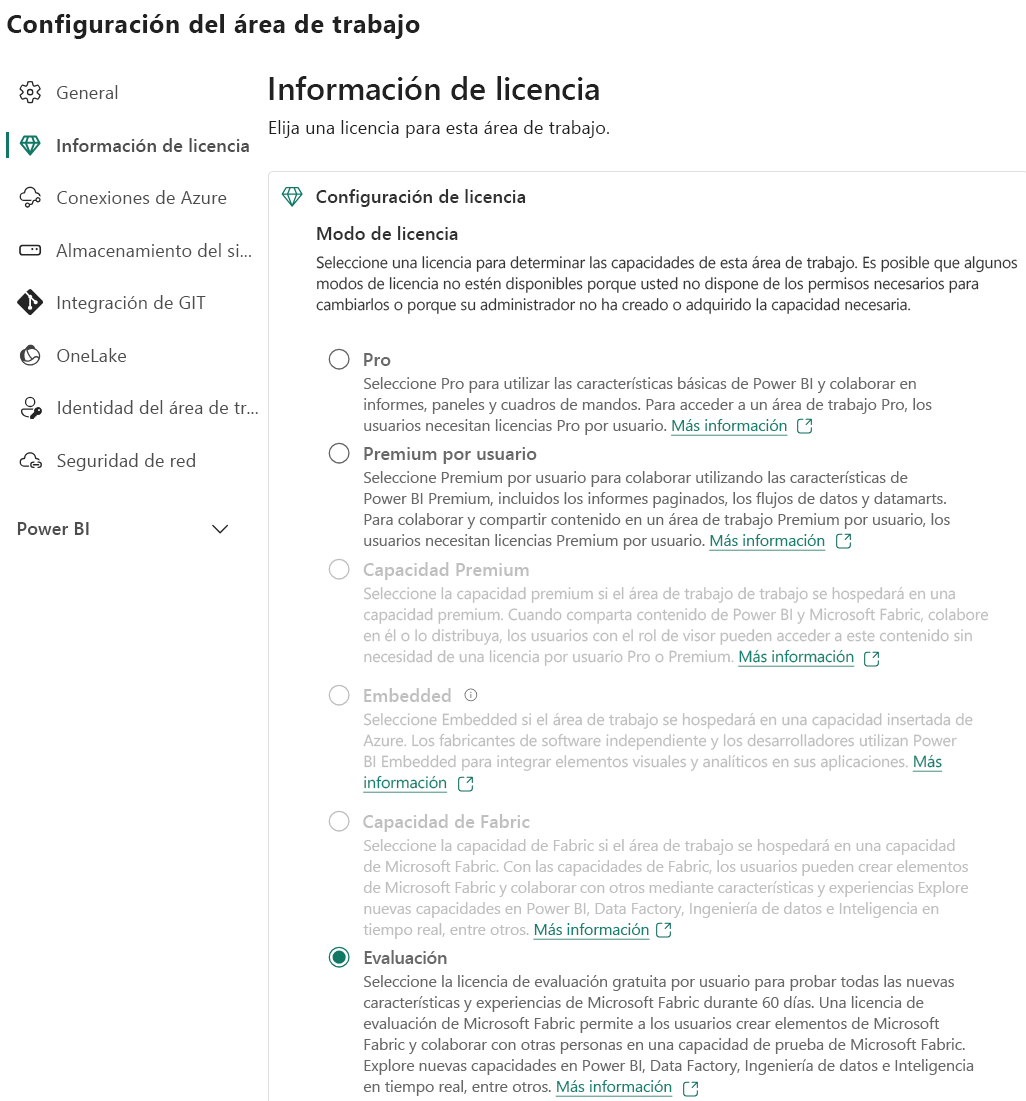 Captura de pantalla de las opciones del modo de licencia del área de trabajo, incluidas las opciones de Prueba y Capacidad de Fabric.