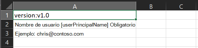 Screenshot of a clipped version of the C S V template for bulk deleting user accounts, with text boxes explaining the purpose of each row.