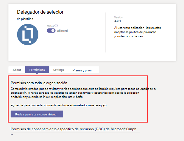 Captura de pantalla de los permisos de toda la organización en la pestaña Permisos de una aplicación.