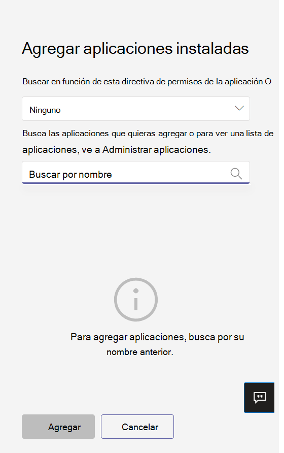  Captura de pantalla que muestra el panel Agregar aplicaciones instaladas.