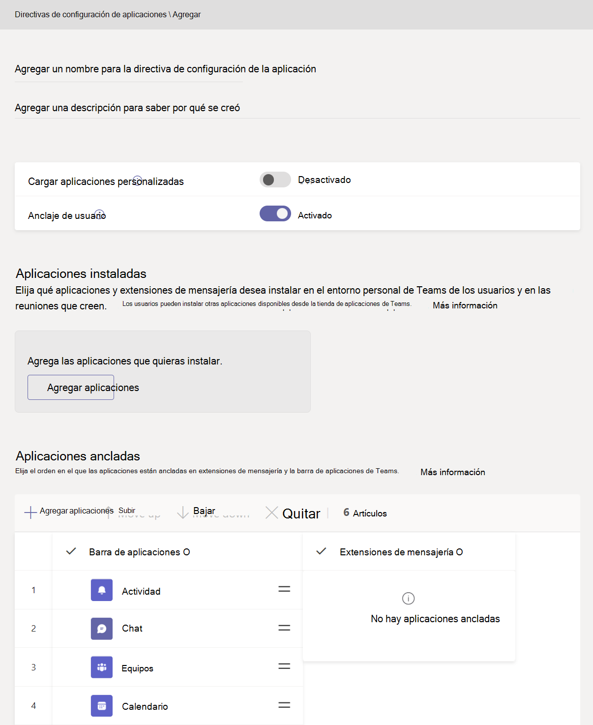  Captura de pantalla que muestra la página Agregar directivas de configuración de la aplicación.