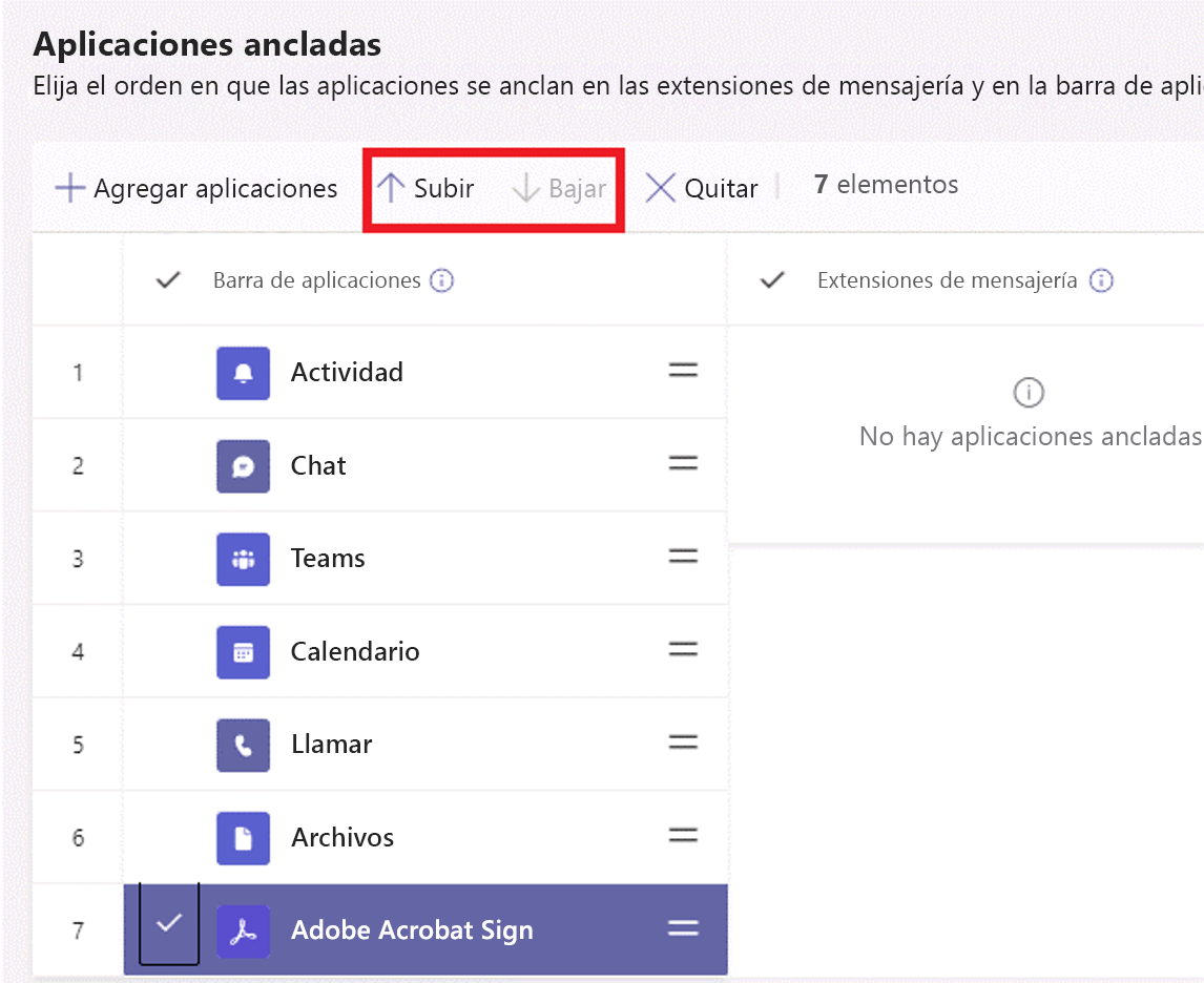 Captura de pantalla que muestra la sección Aplicaciones ancladas