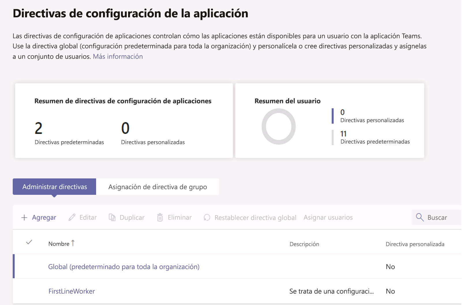 Captura de pantalla de las directivas de configuración de la aplicación