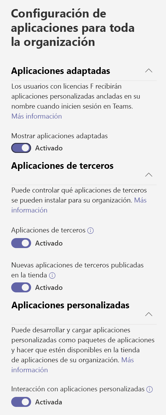 Captura de pantalla de la configuración de la aplicación para toda la organización.