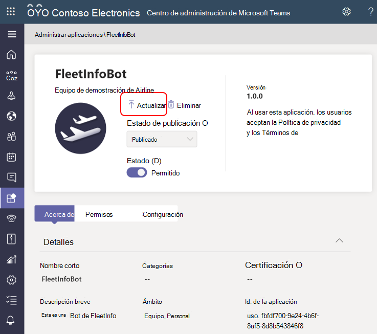Captura de pantalla de la actualización de una aplicación personalizada desde el Centro de administración de Teams.