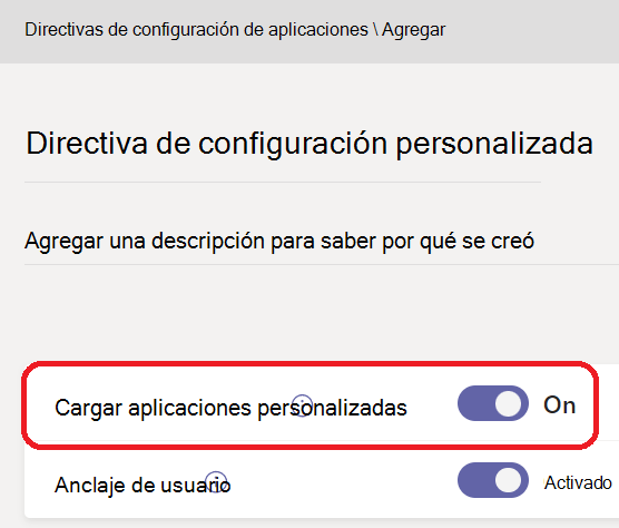 Captura de pantalla que muestra la configuración de la aplicación personalizada del usuario