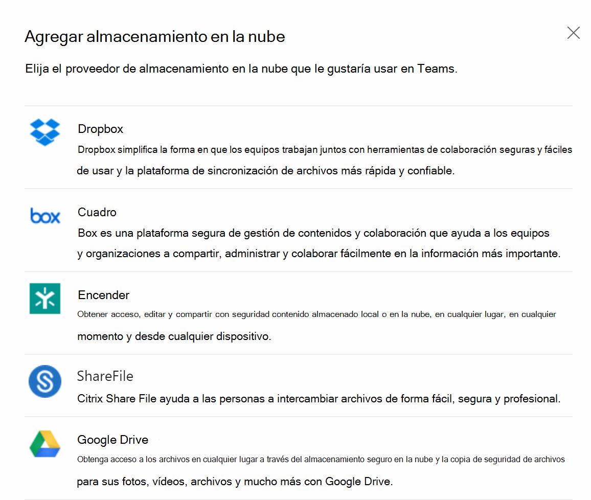  Captura de pantalla de las opciones de almacenamiento de archivos en la nube en el cliente de Teams.