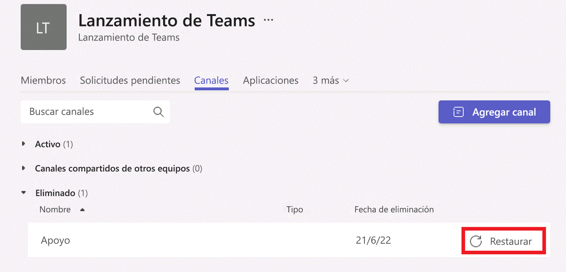  Captura de pantalla de la restauración de un canal eliminado desde el cliente de Teams.