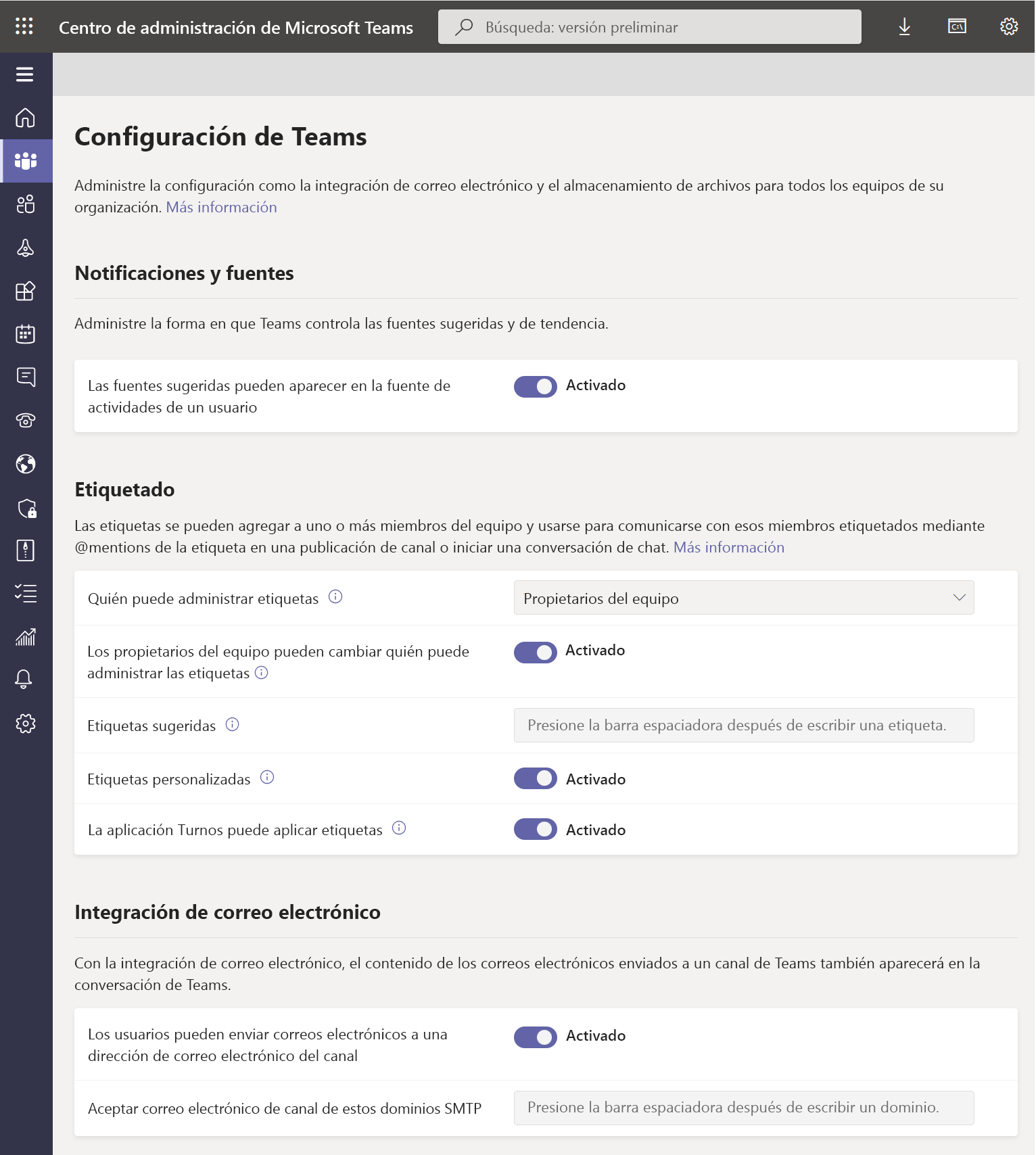 Captura de pantalla del centro de administración de Microsoft Teams: configuración de Teams