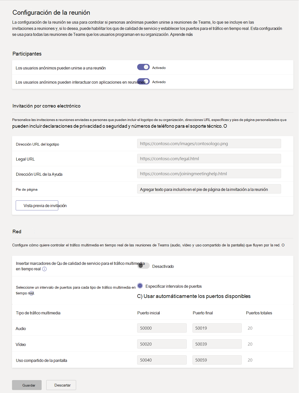 Captura de pantalla de configuración de la reunión.