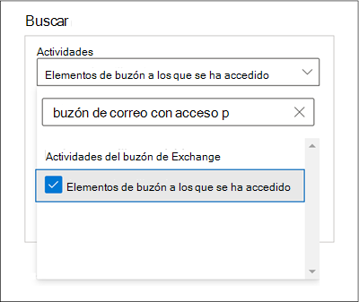 Captura de pantalla de la ventana Buscar con la opción Elementos del buzón a los que se ha accedido seleccionada en la configuración Actividades.