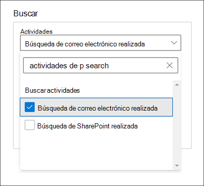 Captura de pantalla de la ventana de Búsqueda con la opción Búsqueda de correo electrónico realizada seleccionada para la configuración de Actividades.