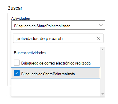 Captura de pantalla de la ventana Buscar con la opción Búsqueda de SharePoint realizada seleccionada para la configuración de Actividades.