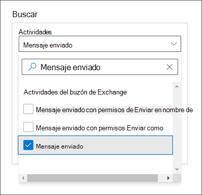 Captura de pantalla de la ventana de Búsqueda con la opción Mensaje enviado seleccionada para la configuración de Actividades