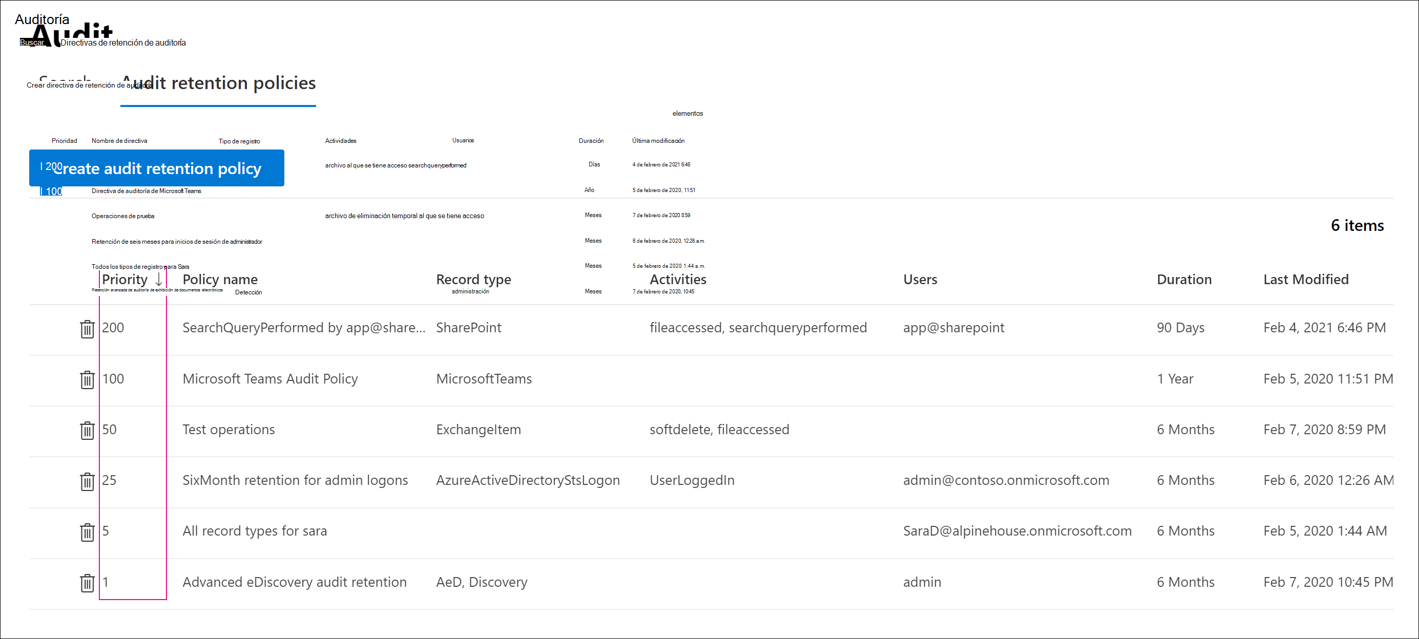 Captura de pantalla que muestra la pestaña Directivas de retención de auditoría en la página Auditoría con la columna de prioridad resaltada para cada directiva.