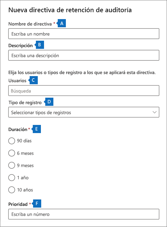 Captura de pantalla que muestra la ventana Nueva directiva de retención de auditoría con varias de las configuraciones resaltadas.