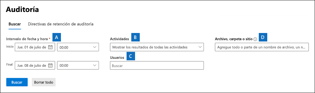 Captura de pantalla de la página Auditoría de la portal de cumplimiento Microsoft Purview que muestra los distintos valores que se pueden configurar.