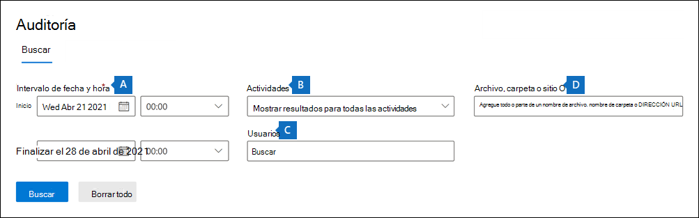 Captura de pantalla de la página de Auditoría en el portal de cumplimiento de Microsoft Purview que muestra la configuración de búsqueda de registros de auditoría.