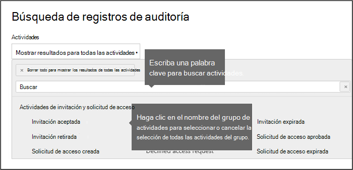 Captura de pantalla que muestra la ventana de búsqueda registro de Auditoría con cuadros de llamada que muestran varias sugerencias de búsqueda.