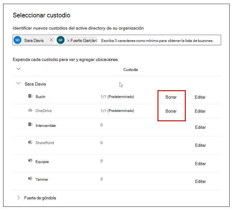 Captura de pantalla de la pantalla Seleccionar custodio con la opción Borrar resaltada para el buzón de Exchange del usuario y la cuenta de OneDrive.