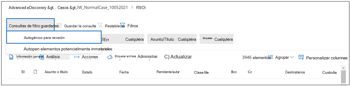 Recorte de pantalla de un conjunto de revisiones que muestra la opción Consultas de filtro guardadas y la opción Para revisión en el menú desplegable.