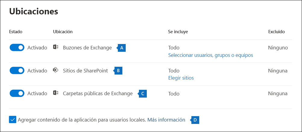 Captura de pantalla que muestra la página Ubicaciones en el Asistente para nueva búsqueda, con las tres ubicaciones resaltadas.