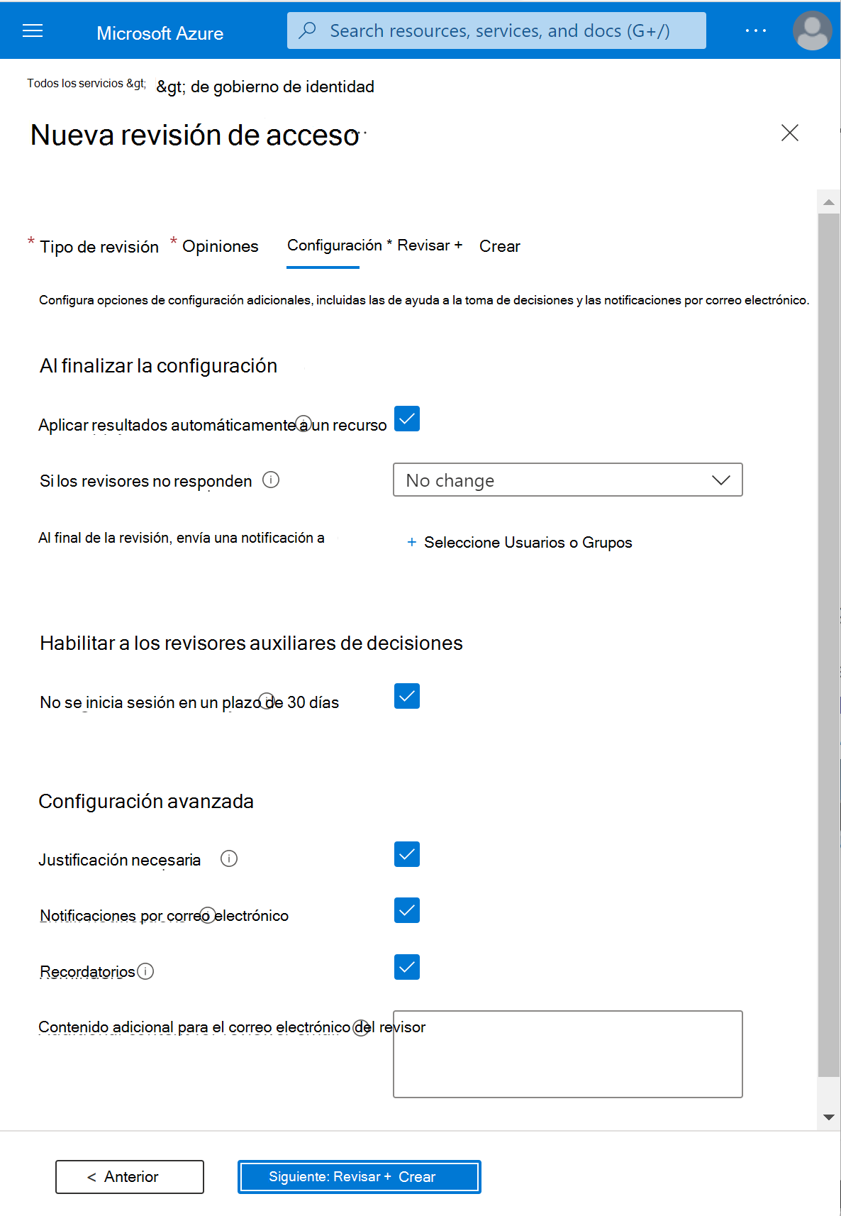 Opciones de configuración de finalización de actualización