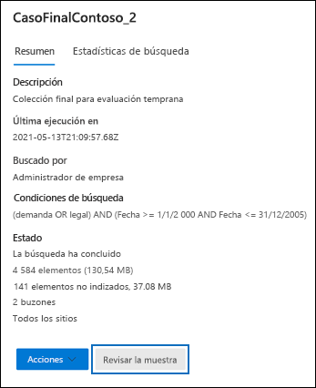 Recorte de pantalla del panel de detalles de una búsqueda que muestra el botón revisar ejemplo resaltado.