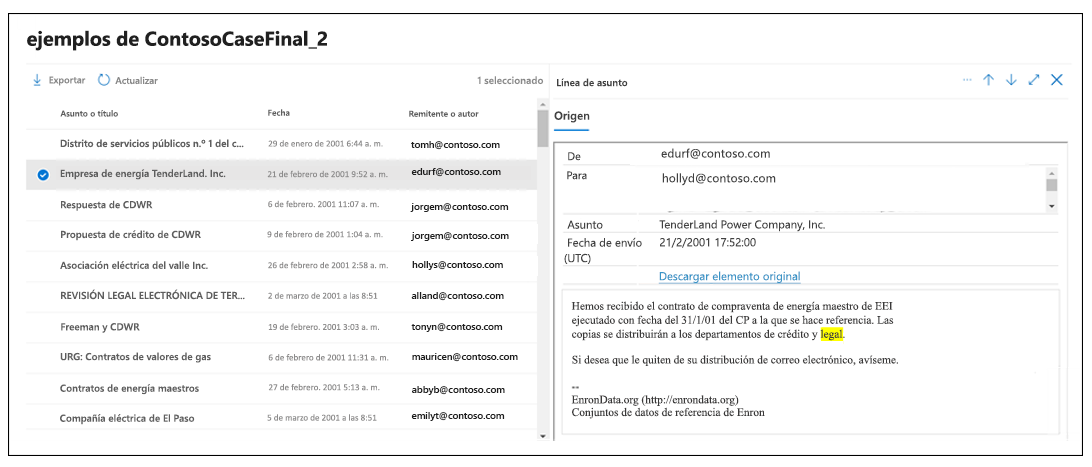 Recorte de pantalla que muestra un ejemplo de los resultados de la búsqueda, con un elemento seleccionado y mostrando su contenido en el panel de detalles.