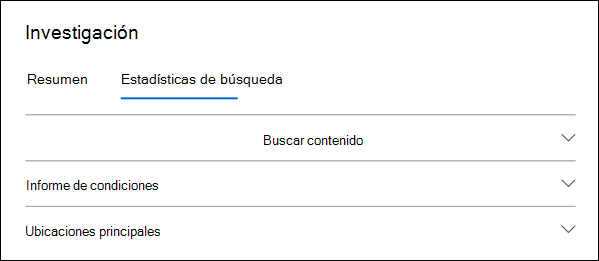 Captura de pantalla de un caso eDiscovery estándar que muestra la pestaña Estadísticas de búsqueda y los detalles de una búsqueda seleccionada.