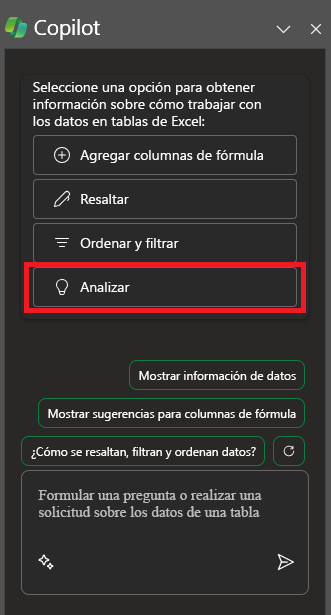 Captura de pantalla del panel de Copilot en Excel al abrirse por primera vez.