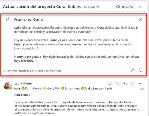 Captura de pantalla de los resultados Resumen de Copilot en Outlook.