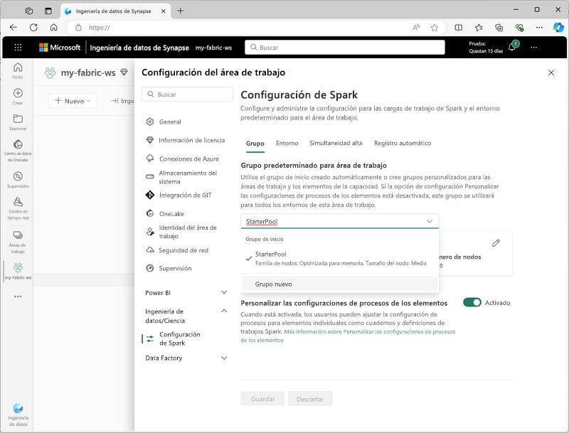 Captura de pantalla que muestra la página de configuración de Spark en Microsoft Fabric.