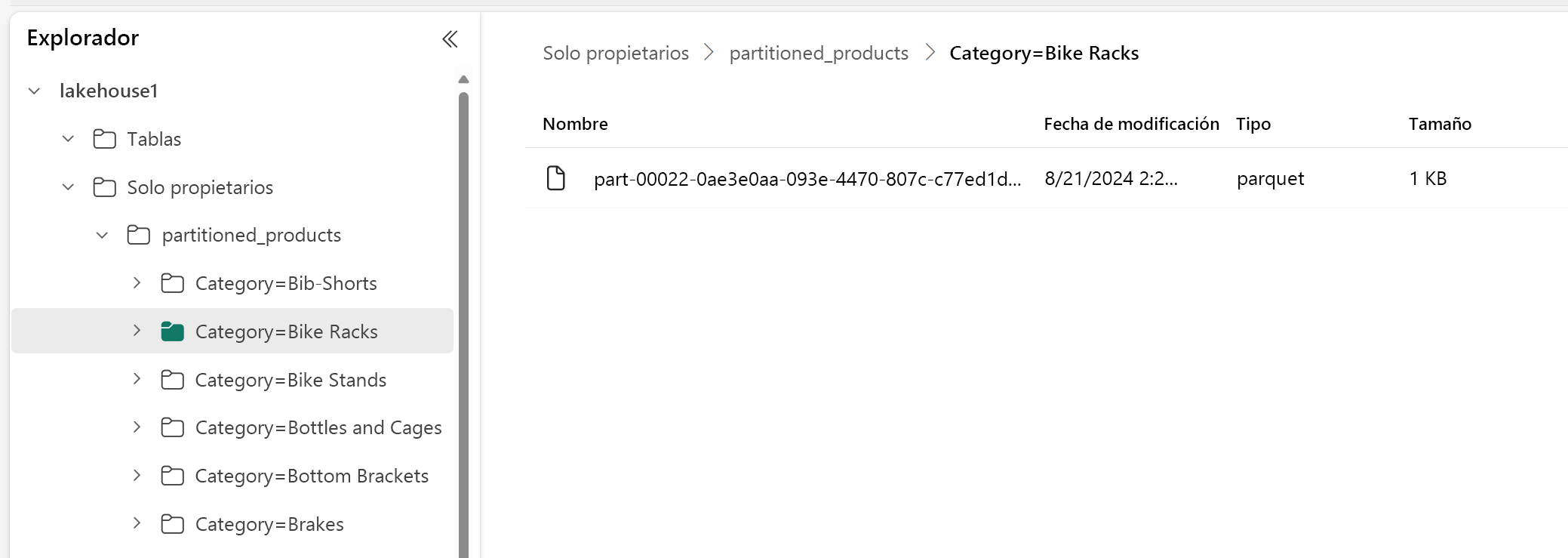 Imagen de pantalla del Explorador de almacén de lago de datos y de la ficha de producto particionada por categoría.