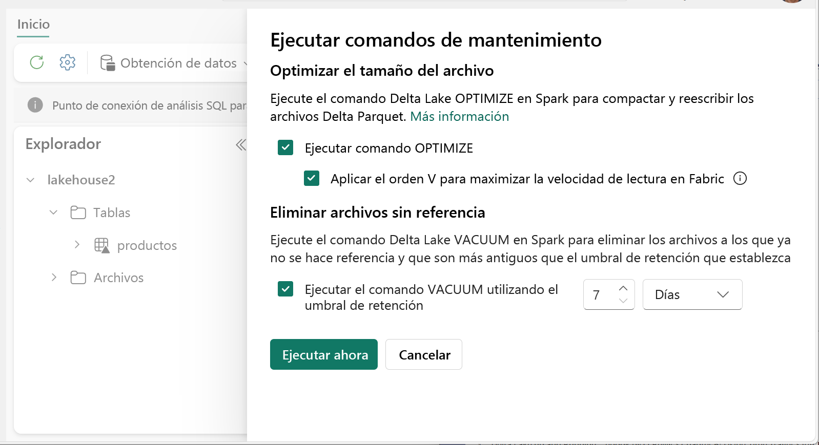 Imagen de pantalla que muestra las opciones de mantenimiento de la tabla.