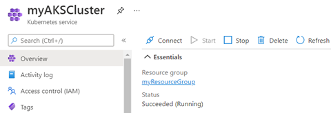 Captura de pantalla de Azure Portal de una página de información general del clúster de Azure Kubernetes Service (A K S). En la sección Essentials, el estado es 