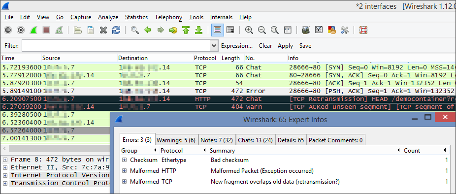 Captura de pantalla que muestra la ventana Expert Info (Información experta), donde se puede ver un resumen de los errores y advertencias.