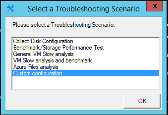 Captura de pantalla del cuadro de diálogo Seleccionar un escenario de solución de problemas, donde está seleccionada la configuración personalizada.