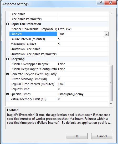 Captura de pantalla del cuadro de diálogo Configuración avanzada del grupo de aplicaciones, sección Protección con errores rápidos.