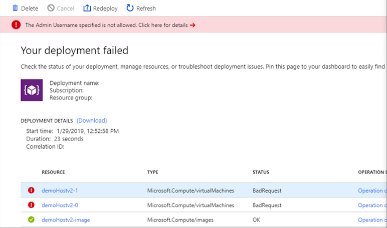 Captura de pantalla de error de implementación en que un administrador especificado no está permitido.